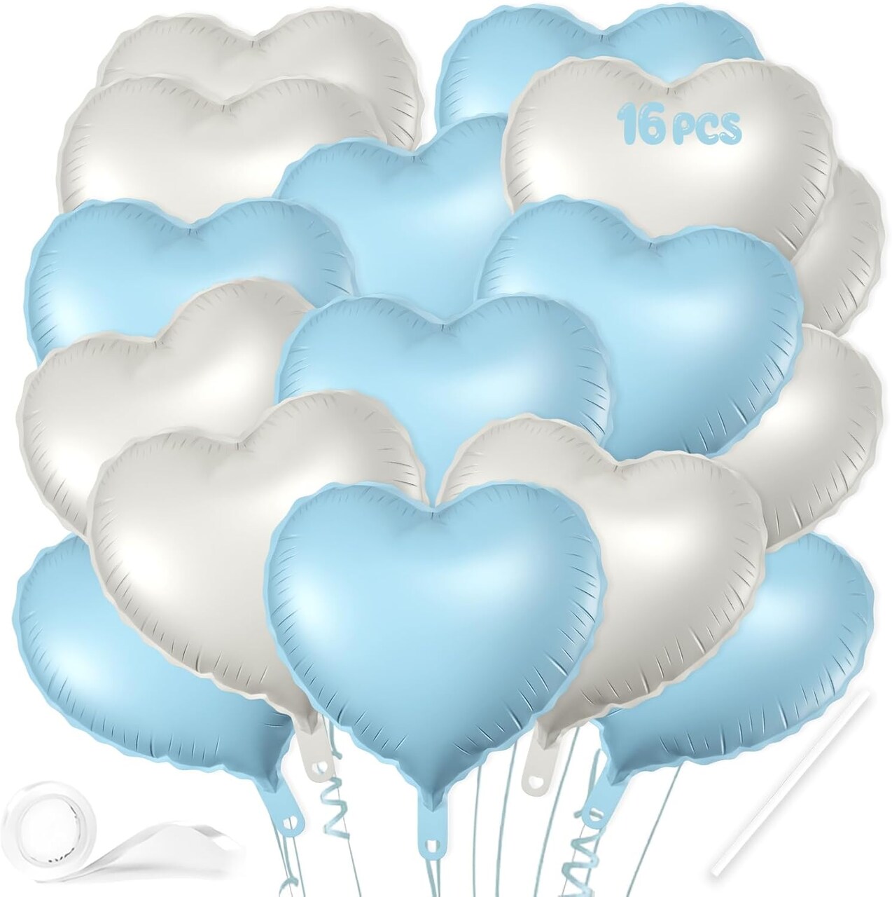 Heart Foil Balloons 16pcs 18in Blue White Sand for Party & Wedding Decor